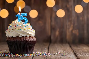 15th birthday cupcake with whipped cream, sprinkles, candles, and number 15, on wooden background with bokeh lights and empty space for text