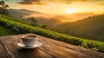 Coffee Cup on Wooden Table Overlooking Tea Plantation at Sunset in Mountain Forest. AI generated illustration