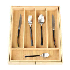 Wooden box with cutlery isolated on white, top view