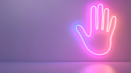 Obraz premium Vibrant neon hand symbol against a soft purple background, creating an artistic and modern atmosphere for creative designs.