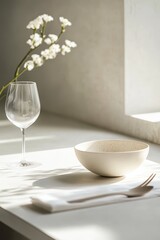 Fototapeta premium A serene dining setting with a bowl, glass, and flower, emphasizing simplicity and elegance.
