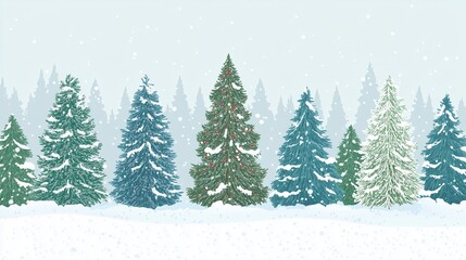 Holiday greeting vector with snowy Christmas tree forest design.