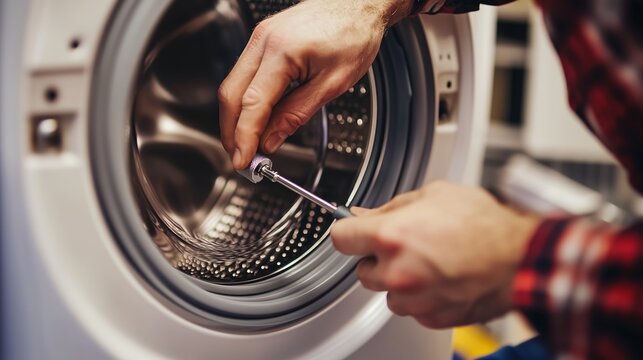 Repairing a washing machine drum in a home laundry room during the afternoon