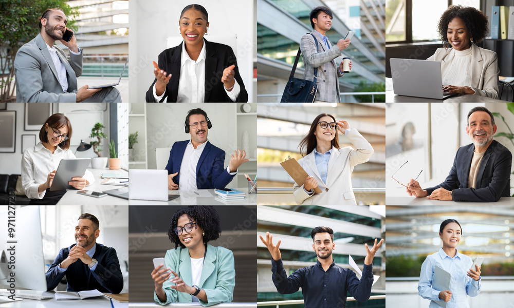 Poster a dynamic array of professionals is engaged in different activities within a contemporary office env