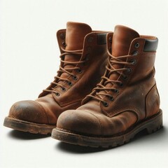 Pair of old worn-out boots on white background. Generated by AI.