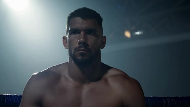 A boxer before a fight. He stares at his opponent, preparing for the fight. The boxer's eyes narrow to slits, his gaze intense and unwavering as he studies his opponent.