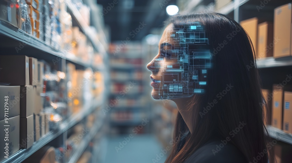 Poster photograph of a virtual avatar or digital twin using an advanced augmented reality interface to mana