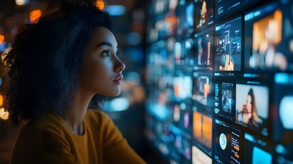 Thoughtful and pensive young female professional intently monitoring multiple digital screens and data visualizations in a virtual twin or digital twin scenario.