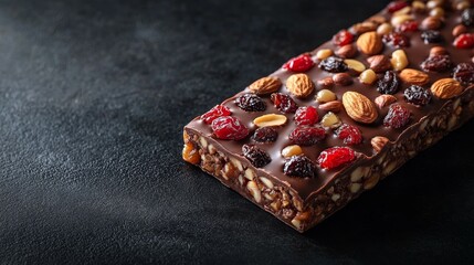 A chocolate-covered snack bar topped with nuts and dried fruits on a dark surface.