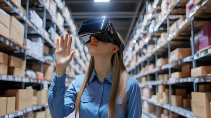 A virtual reality image showcasing a worker wearing a VR headset managing a futuristic,automated warehouse with shelves,inventory scanning,and advanced logistics and distribution processes.