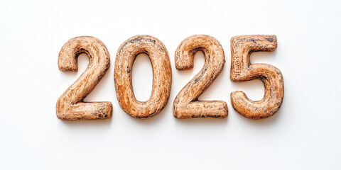 "2025" made from wooden/bone texture on a white background, isolated, top view.