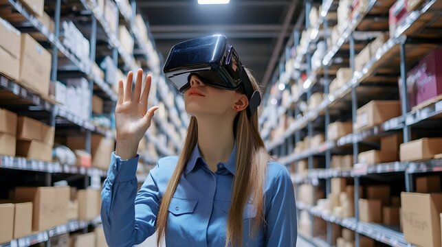 A virtual reality image showcasing a worker wearing a VR headset managing a futuristic,automated warehouse with shelves,inventory scanning,and advanced logistics and distribution processes. - Powered by Adobe
