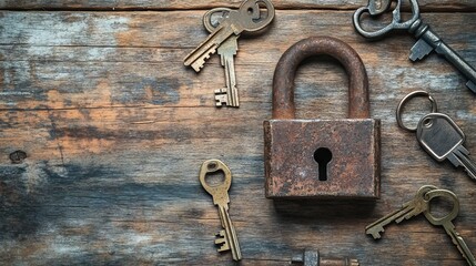 Rustic Padlock and Keys on Wooden Background with Scattered Old Lock Pieces. AI generated illustration