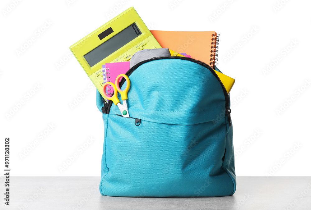 Canvas Prints Backpack with different school stationery on light grey table against white background