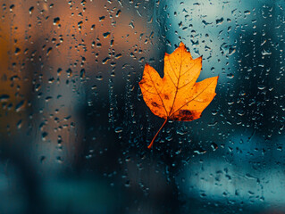 Fototapeta premium A leaf is floating on a window pane with raindrops on it