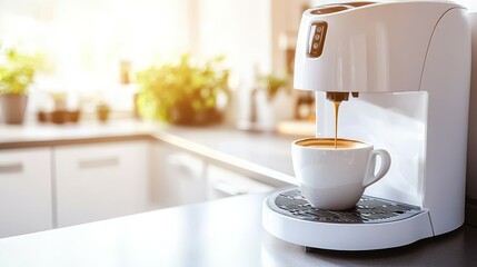 A coffee machine brewing a fresh cup of coffee in a bright kitchen setting.