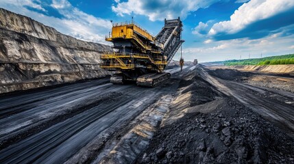 Large mining excavator in a pit. It is used for digging up coal in a large open-pit mine.