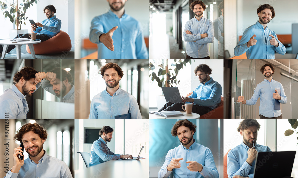 Poster young professional is captured participating in a range of work-related activities within a contempo