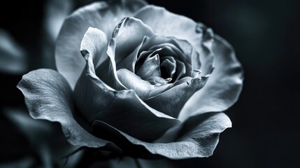 A stunning black and white image of a rose, capturing the delicate petals and intricate details in a moody atmosphere.
