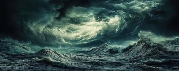 A turbulent ocean scene under stormy skies, showcasing dramatic waves and a captivating, moody atmosphere.