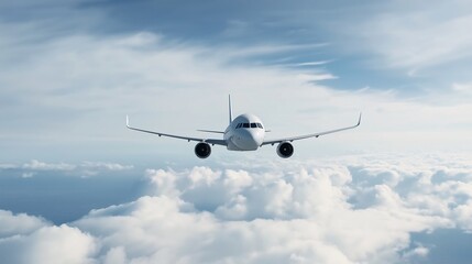 Above the Clouds: A modern commercial airplane soars gracefully through a breathtaking expanse of fluffy white clouds, symbolizing the freedom and adventure of air travel.  