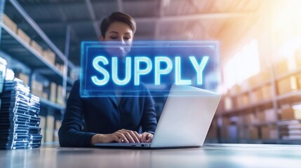 A professional woman working on a laptop in a warehouse setting with a "SUPPLY" overlay.