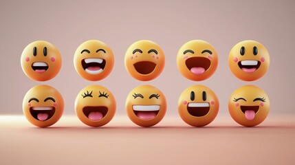 Obraz premium A vibrant collection of joyful emoji faces expressing various emotions against a soft pink background