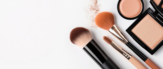 Cosmetic brushes and makeup products arranged elegantly on a white background for beauty and fashion themes.