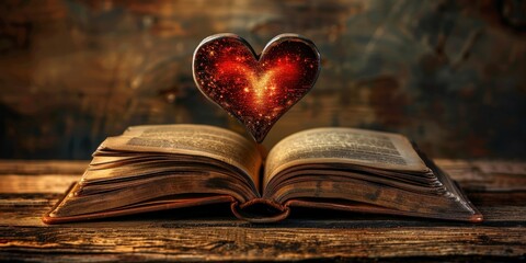 A heart floating above an open book illuminated by galaxy colors, symbolizing love and imagination in a serene setting. Generative AI