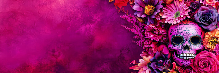 Dia de los muertos festival celebration. Vibrant image of a calavera with colorful flowers. Traditional sugar skull with purple background. Mexico tradition and culture.	
