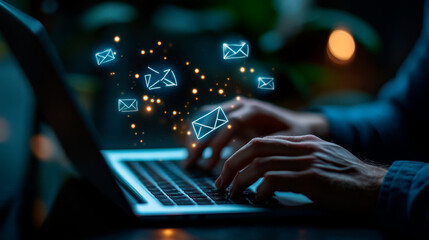 hands and man with laptop, typing and notebook with email