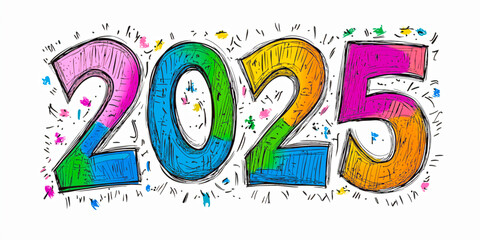 Colorful text "2025" design for new year card design, white background, clip art.