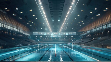 Obraz premium Modern indoor swimming pool with bright lights and clean lanes, designed for competitions and training activities. Generative AI