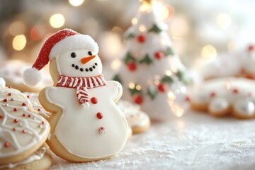 Decorated Snowman Cookie with Red Santa Hat and Christmas Lights