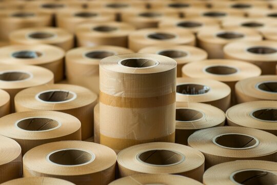 Large quantity of packing tape rolls arranged together in a warehouse