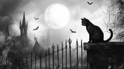 A Halloween-themed background featuring a black cat sitting on a wall, gazing at a glowing full moon in the night sky, creating a spooky atmosphere