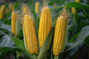 Three ears of corn in a field. Perfect for illustrating agricultural themes, especially related to farming, harvest, or food production.