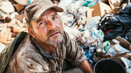 A weary man in dirty clothes looking up amidst a pile of garbage ideal for depicting themes of poverty, homelessness, and environmental issues,