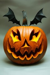 Naklejka premium A carved pumpkin with a scary face and bat wings, perfect for Halloween decorations and spooky-themed events,