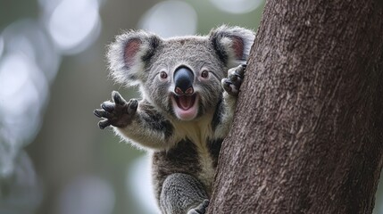 Obraz premium A cheerful koala clings to a tree trunk with a joyful expression and outstretched paws, perfect for wildlife, nature-themed projects, conservation campaigns