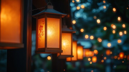 A serene scene of glowing lanterns illuminating a tranquil outdoor setting.
