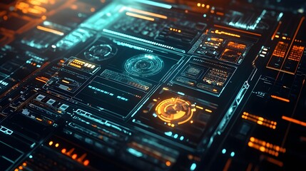 Fototapeta premium Holographic tech interfaces layered over a muted background with soft lighting