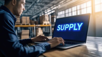 A person working on a laptop displaying the word "SUPPLY" in a warehouse setting.