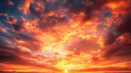 Fototapeta premium Orange-red coloured cloudy sky after sunset, cloud formation, evening sky, sunset,photostock style