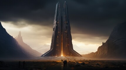 A futuristic tower standing tall amidst a barren landscape with people gathered around, depicting a dystopian scene or advanced civilization suitable for science fiction themes, gaming