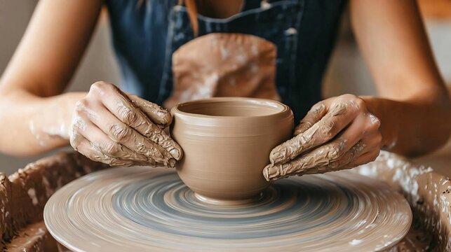 Woman creating pottery on a wheel, hands shaping clay, centered and relaxed, relax hobby