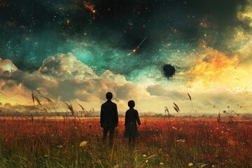 Fototapeta premium Two figures stand in a field, gazing up at a stunning, starry sky. This image can be used for projects related to dreams, hope, and the vastness of the universe.
