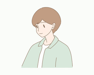 Young man looking at something lower than him, looking down. Hand drawn flat cartoon character vector illustration.