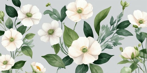 pretty green theme flowers on pastel gray background, concept for banner, watercolor style