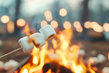 Three toasted marshmallows on a skewer over a campfire with blurred lights in the background, ideal for camping, outdoor activities, and social gathering themes,